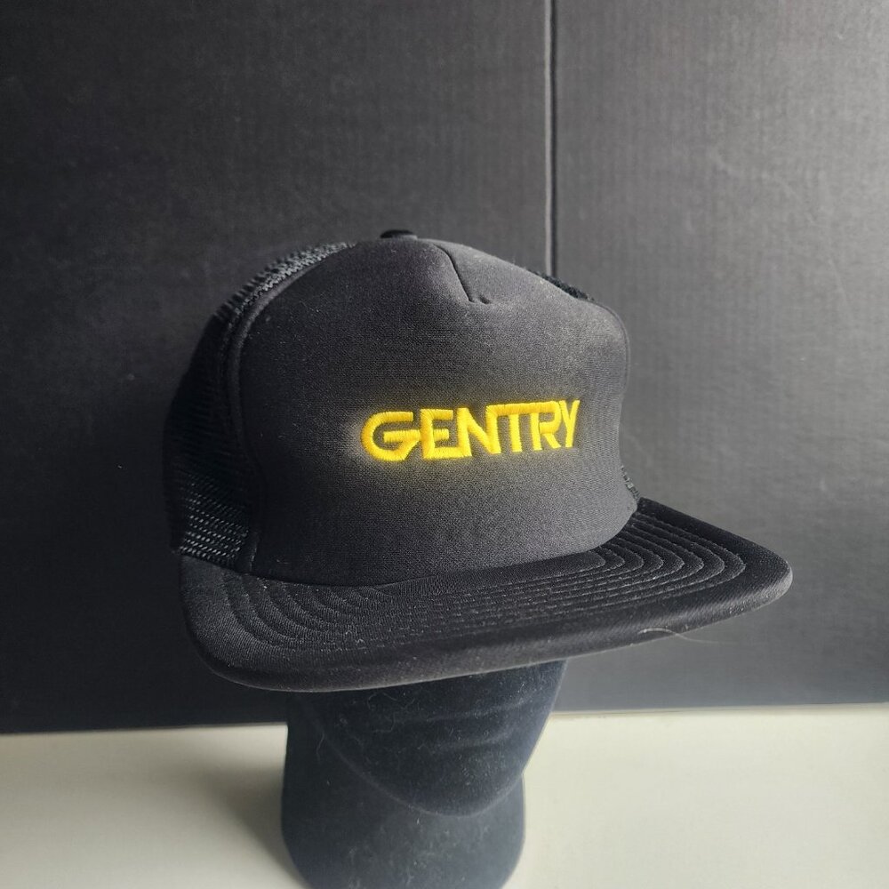 Gentry Black Trucker Hat Flat Bill Mesh Back Yellow Embroidered Logo Snapback